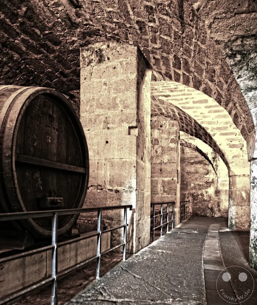 Das historische Tonnengewölbe des Fasskellers unter der Magdalenenburg ist ein zentraler Bestandteil der Festung Königstein im Elbsandsteingebirge. Die massiven Pfeiler und Rundbögen aus Sandstein tragen die Deckenkonstruktion dieses historischen Proviantmagazins, das im 16. Jahrhundert errichtet wurde. Auf der linken Seite befindet sich eines der großen traditionellen Eichenholzfässer hinter einem metallenen Schutzgeländer. Dieser geschichtsträchtige Ort erlangte besondere Berühmtheit, da hier einst das legendäre Riesenweinfass von Kurfürst August dem Starken untergebracht war.