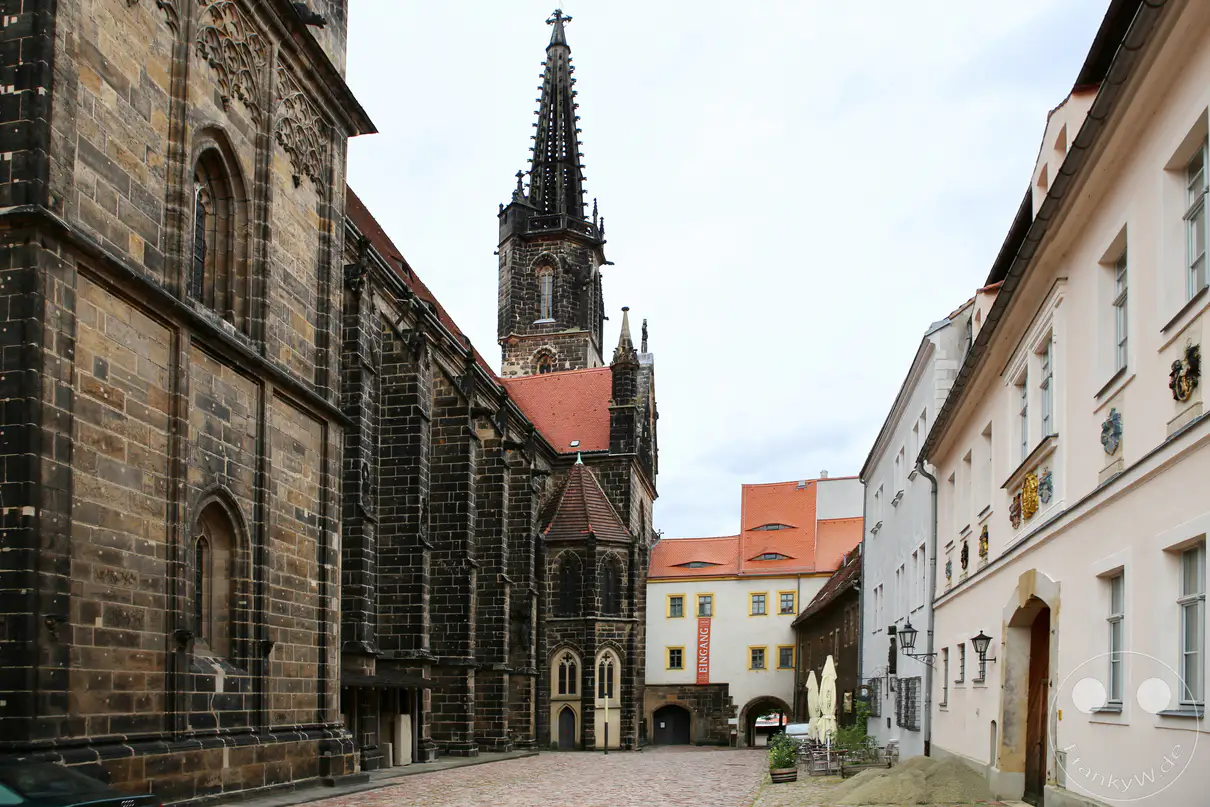 Eine gepflasterte Gasse am Domplatz in Meißen verläuft zwischen historischen Gebäuden unter einem wolkenverhangenen Himmel. Auf der linken Seite erstreckt sich die massive, dunkle Natursteinmauer des Meißner Doms mit seinen hoch aufragenden gotischen Baustrukturen und einer spitzen Turmhaube. Gegenüber säumt eine hell verputzte, mehrstöckige Häuserfront den Weg, die mit kleinen farbigen Wappenreliefs zwischen den Fenstern verziert ist. Im Hintergrund schließt ein weiteres historisches Gebäude mit einem rötlich gedeckten Satteldach und einem Torbogen die Sichtachse ab.